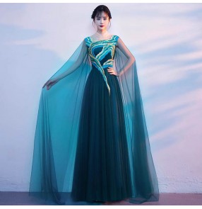 Dark Green Choir performance dresses oriental qipao dresses Female soloist guzheng  host Recitation stage conductor dress 